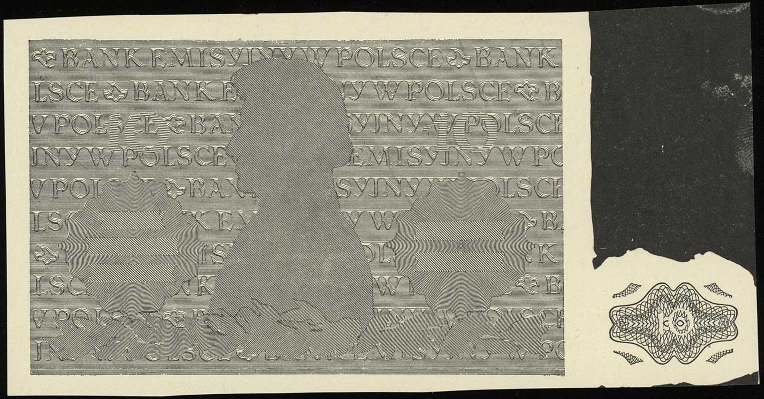 czarno-białe odbitki strony odwrotnej do projektowanego i niewprowadzonego do obiegu banknotu 10 złotych 1.08.1941, część giloszowa i główny rysunek na osobnych arkuszach, dodatkowo odbitka (miedziorytnicza?) popiersia Fryderyka Chopina wykorzystana w tym projekcie, razem 3 sztuki, bardzo rzadkie