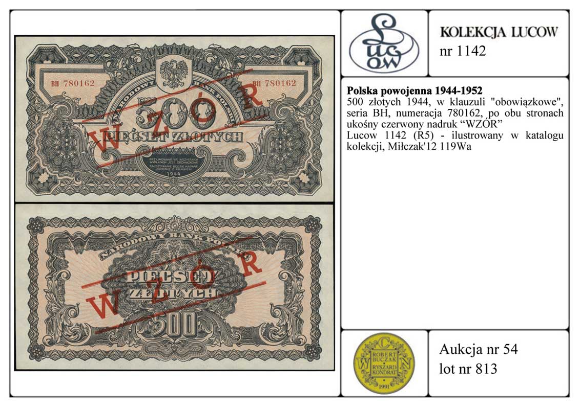 500 złotych 1944, w klauzuli obowiązkowe, seria ВН, numeracja 780162, po obu stronach ukośny czerwony nadruk WZÓR, Lucow 1142 (R5) - ilustrowany w katalogu kolekcji, Miłczak’12 119Wa, rzadkie i pięknie zachowane