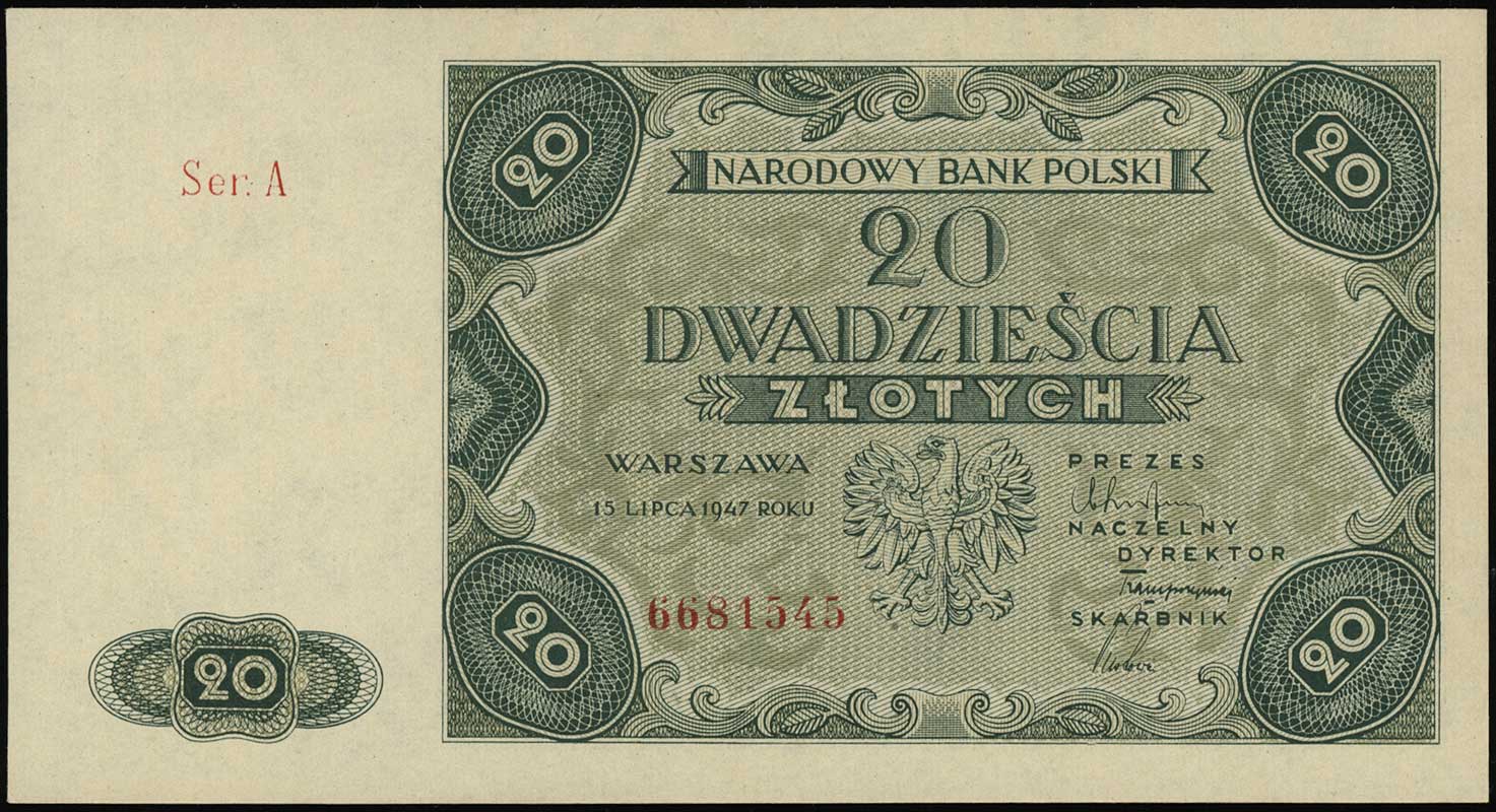 20 złotych 15.07.1947, seria A, numeracja 668154