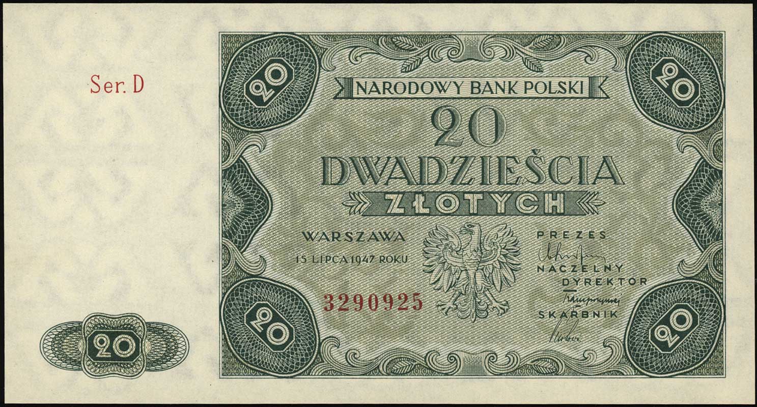 20 złotych 15.07.1947, seria D, numeracja 329092