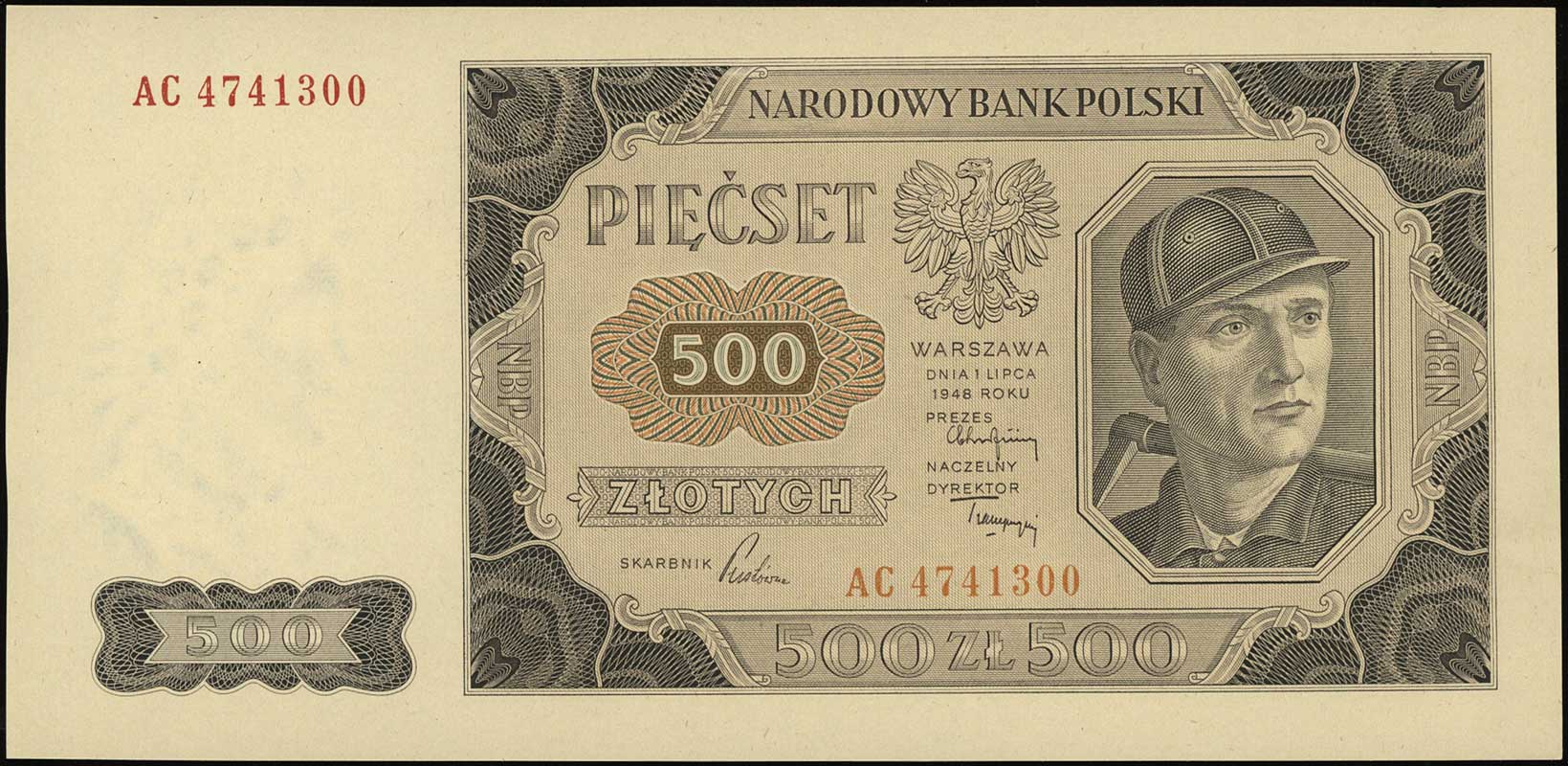 500 złotych 1.07.1948, seria AC, numeracja 4741300, Lucow 1308 (R2), Miłczak’05 140bb, Miłczak’12 140b, wyśmienicie zachowane