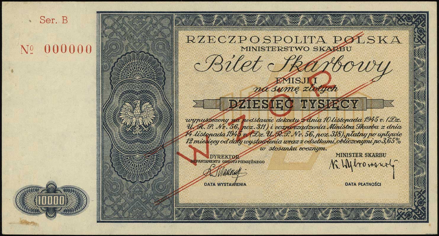 bilet skarbowy na 10.000 złotych 1945, emisja I, seria B, numeracja 000000, po obu stronach ukośny czerwony nadruk WZÓR, Lucow 1313 (R8), Moczydłowski PL2, mała plamka po kleju, zagięcia na lewym marginesie-jedno z nich po spinaczu