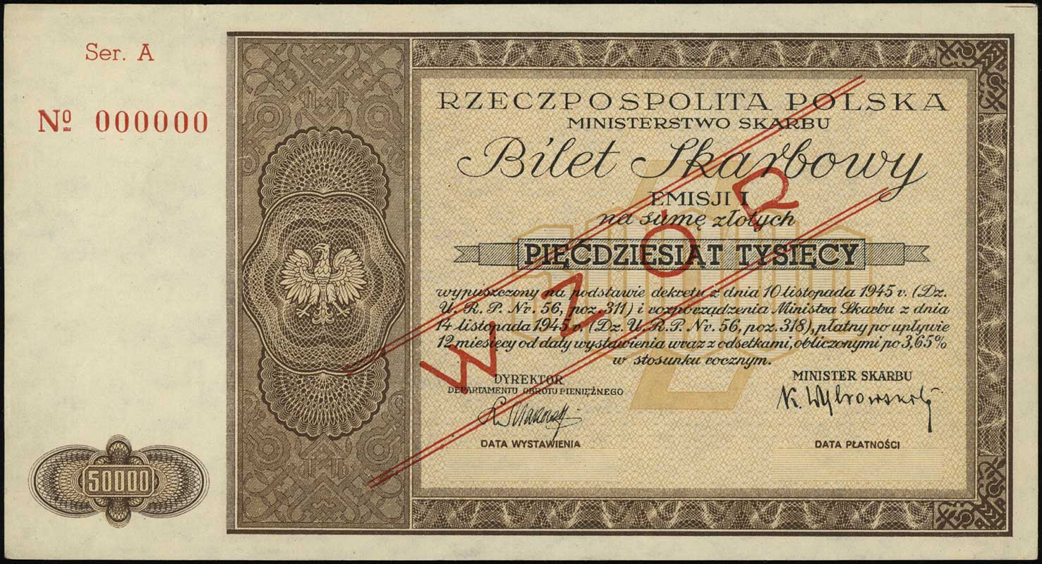 bilet skarbowy na 50.000 złotych 1945, emisja I,