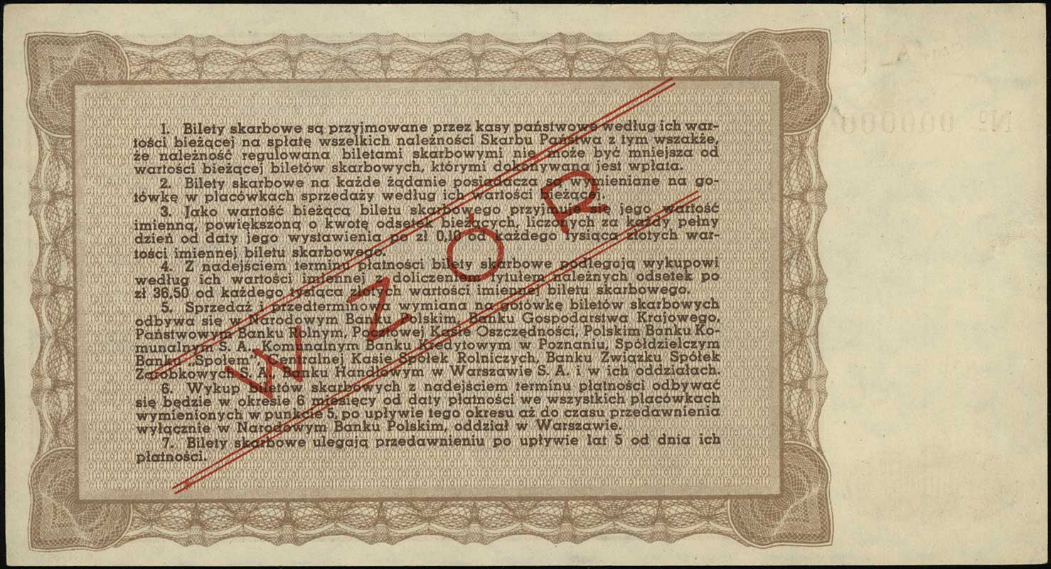 bilet skarbowy na 50.000 złotych 1945, emisja I, seria A, numeracja 000000, po obu stronach ukośny nadruk WZÓR, Lucow 1314 (R8), Moczydłowski PL1, na lewym marginesie zagięcie po spinaczu, rogi nieświeże