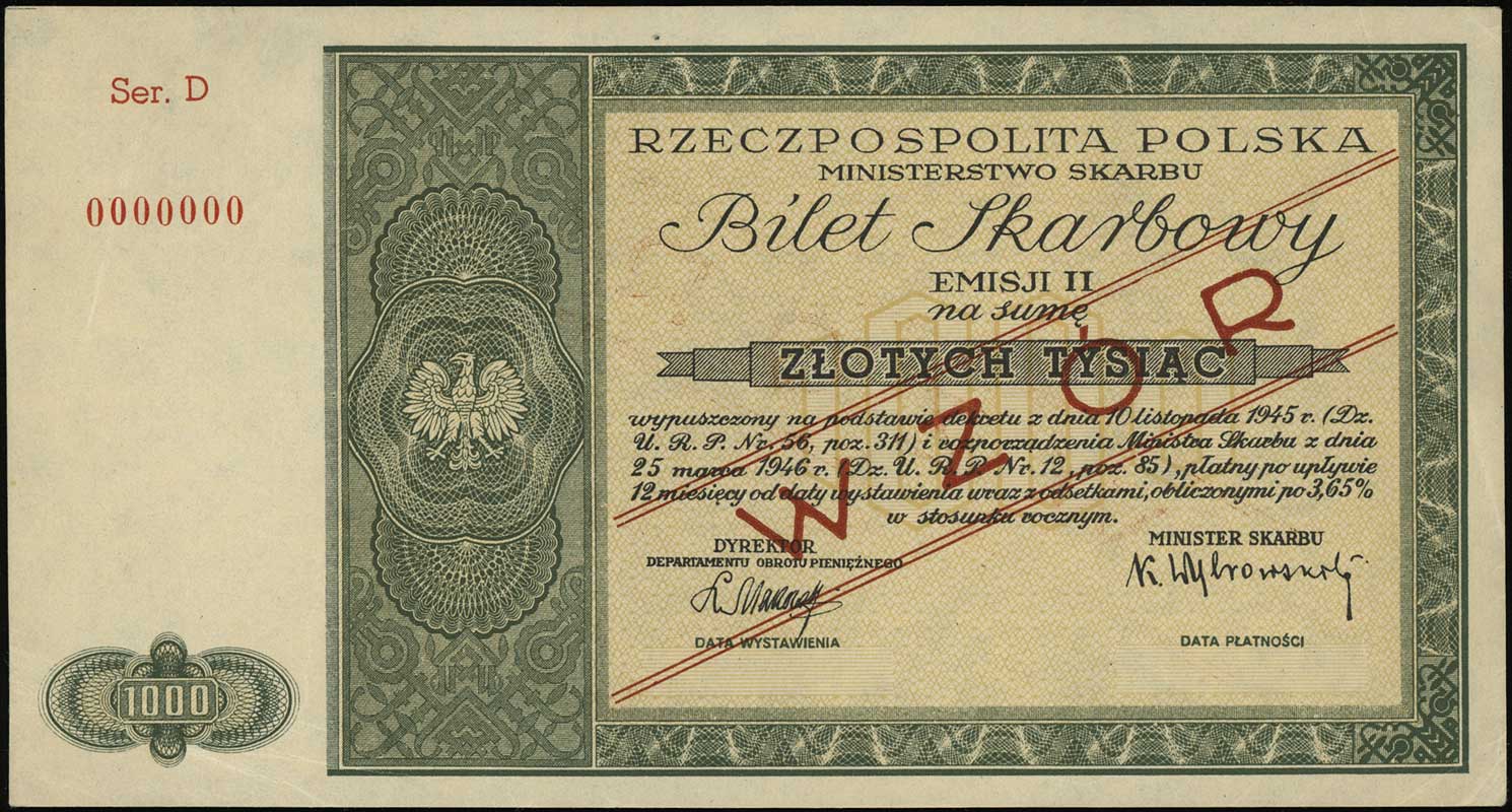bilet skarbowy na 1.000 złotych 1946, emisja II, seria D, numeracja 000000, po obu stronach ukośny nadruk WZÓR, Lucow 1315 (R8), Moczydłowski PL8, zagięcia na rogach
