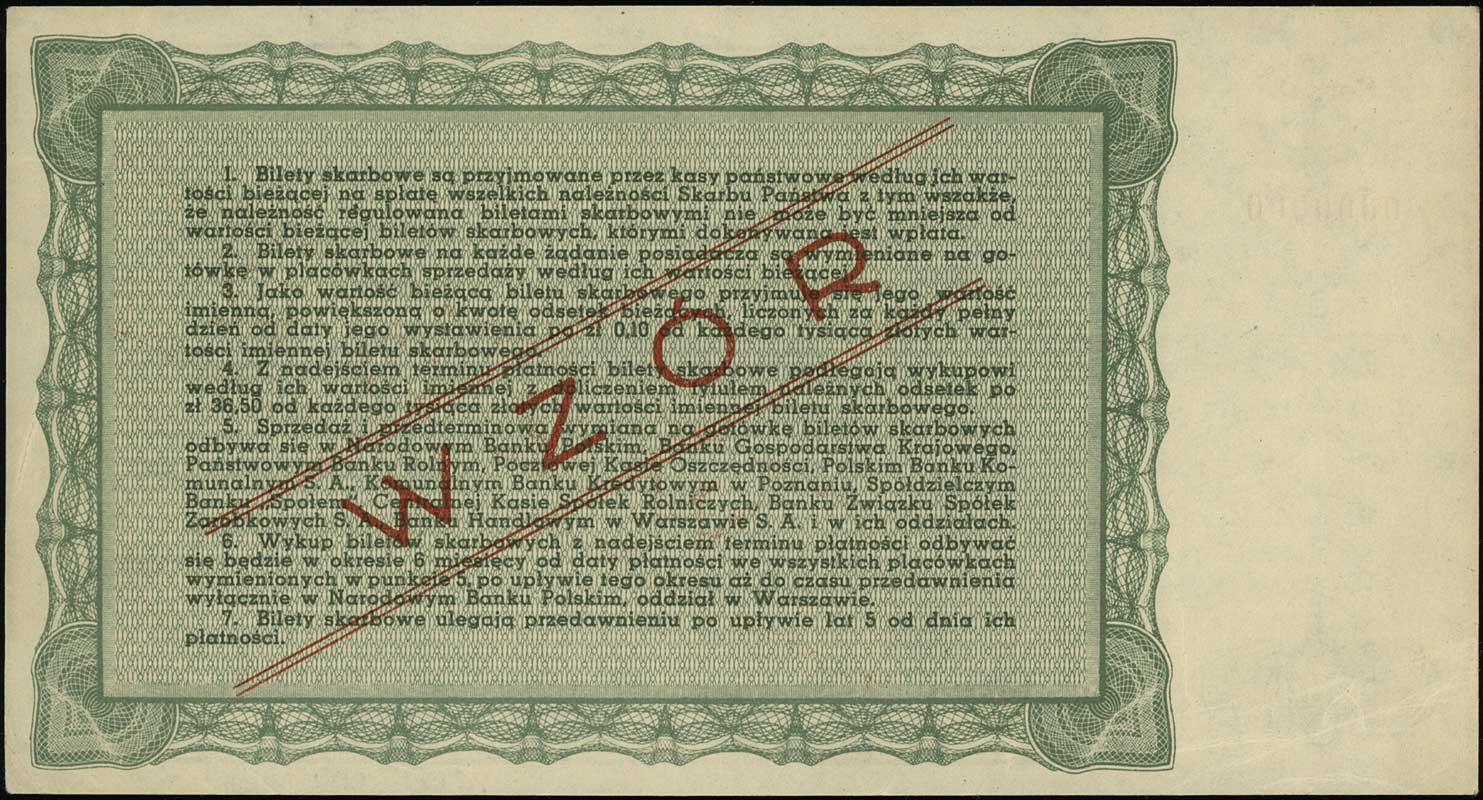 bilet skarbowy na 1.000 złotych 1946, emisja II, seria D, numeracja 000000, po obu stronach ukośny nadruk WZÓR, Lucow 1315 (R8), Moczydłowski PL8, zagięcia na rogach