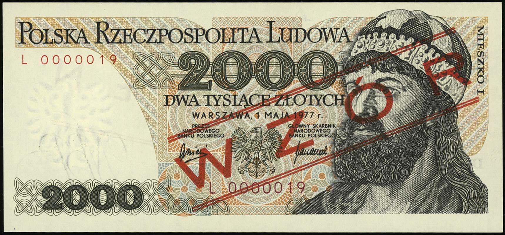 2.000 złotych 1.05.1977, seria L, numeracja 0000019, Miłczak 149 (nie notuje takiego wzoru), tzw. wzór Jaroszewicza*
