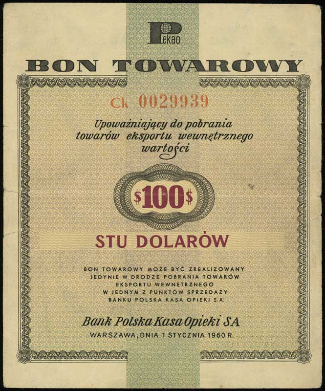 bon na 100 dolarów 1.01.1960, seria Ck, numeracj