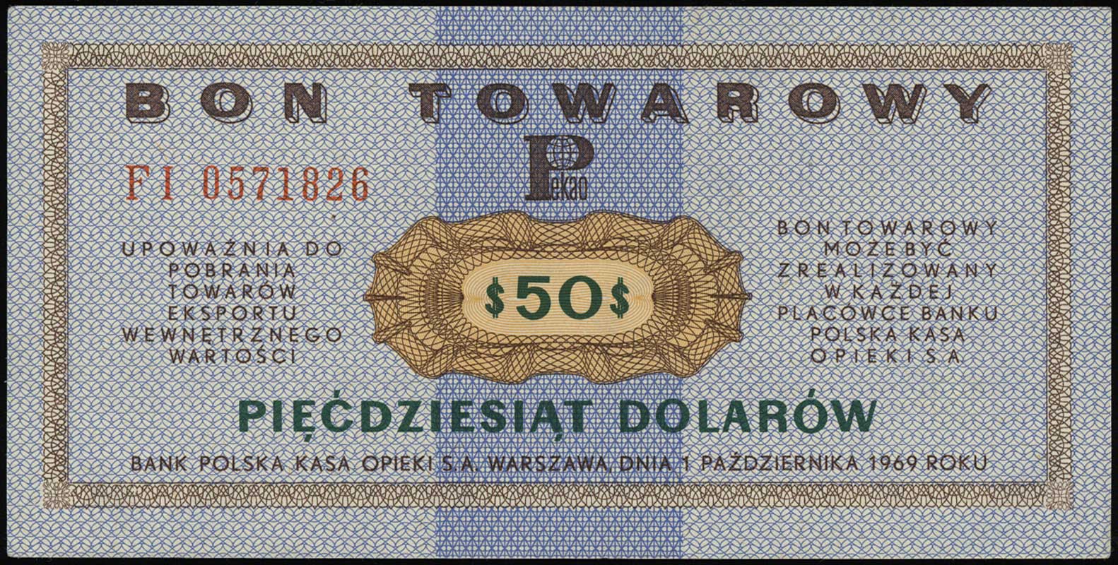 bon na 50 dolarów 1.10.1969, seria FI, numeracja 0571826, Miłczak B22b