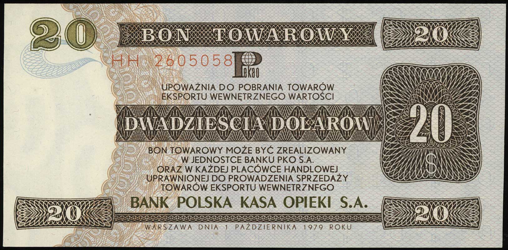 bon na 20 dolarów 1.10.1979, seria HH, numeracja 2605058, Miłczak B34, wyśmienicie zachowane i rzadkie