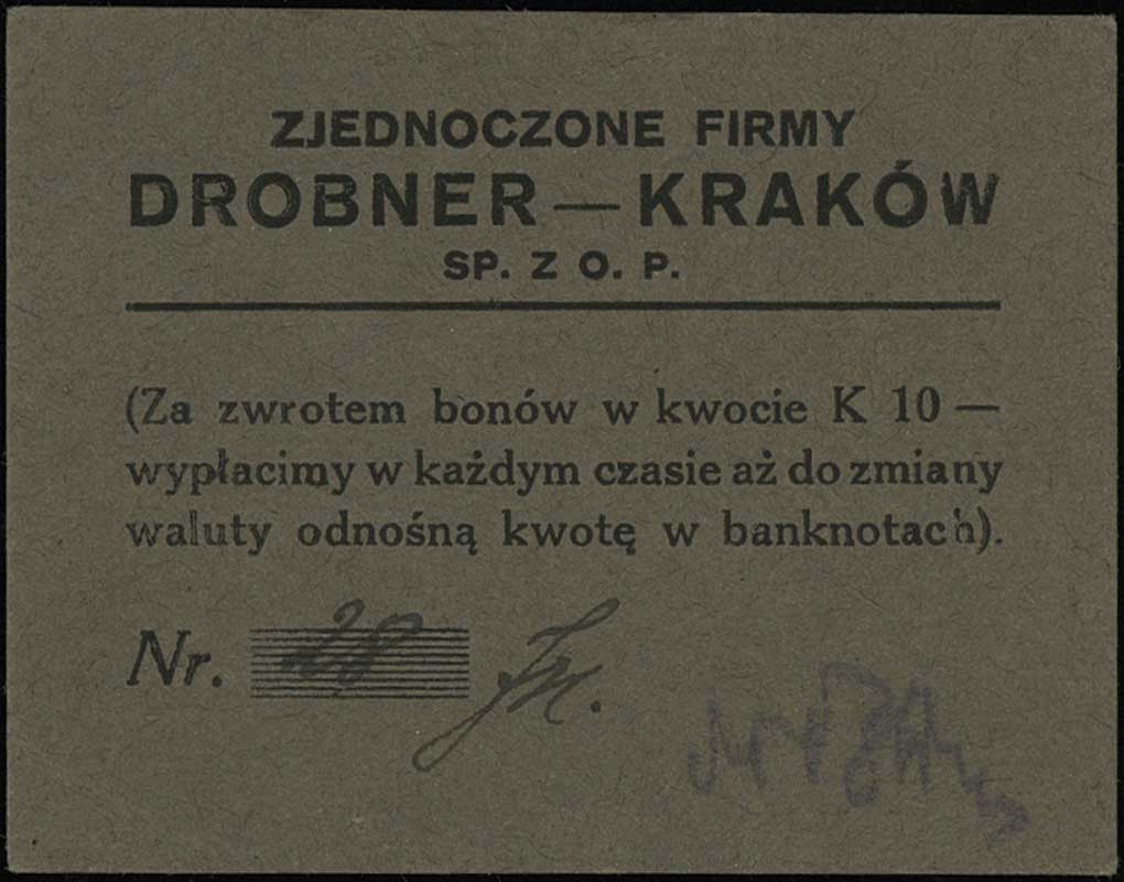 Kraków, Zjednoczone Firmy Drobner, 50 halerzy i 1 korona (1919), Podczaski G-183.1, 2, Jabł. 243 i 244, razem 2 sztuki, rzadkie i ładnie zachowane