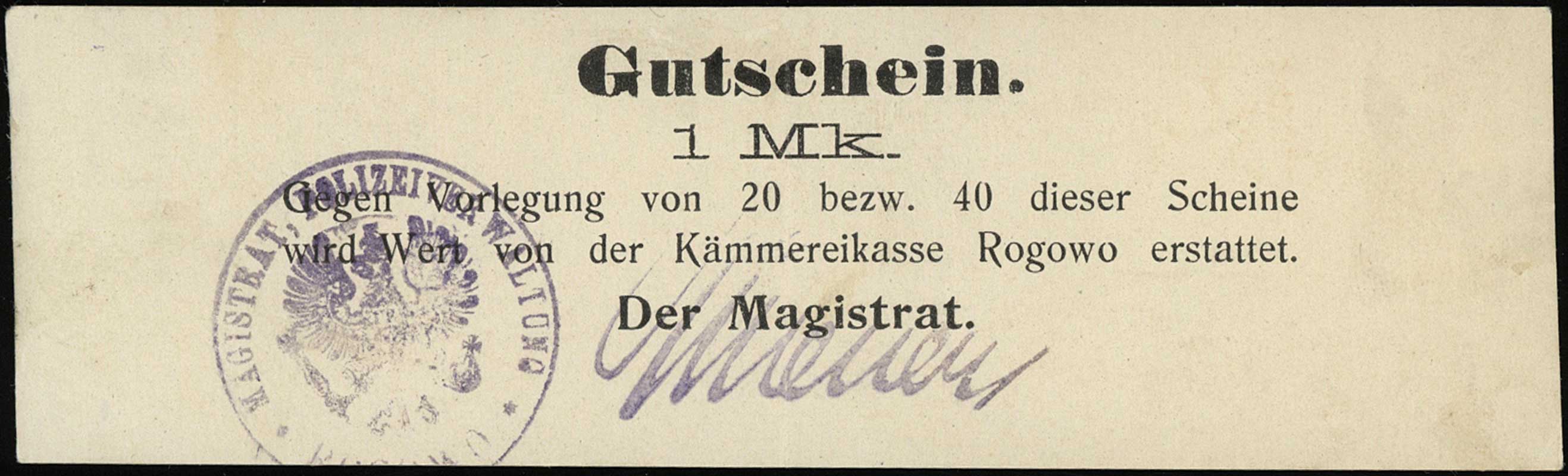 Rogowo, 1 marka (1914), podpis faksymilowy wykonany stemplem, Podczaski P-174.2.a, Jabł. 3355, rzadka
