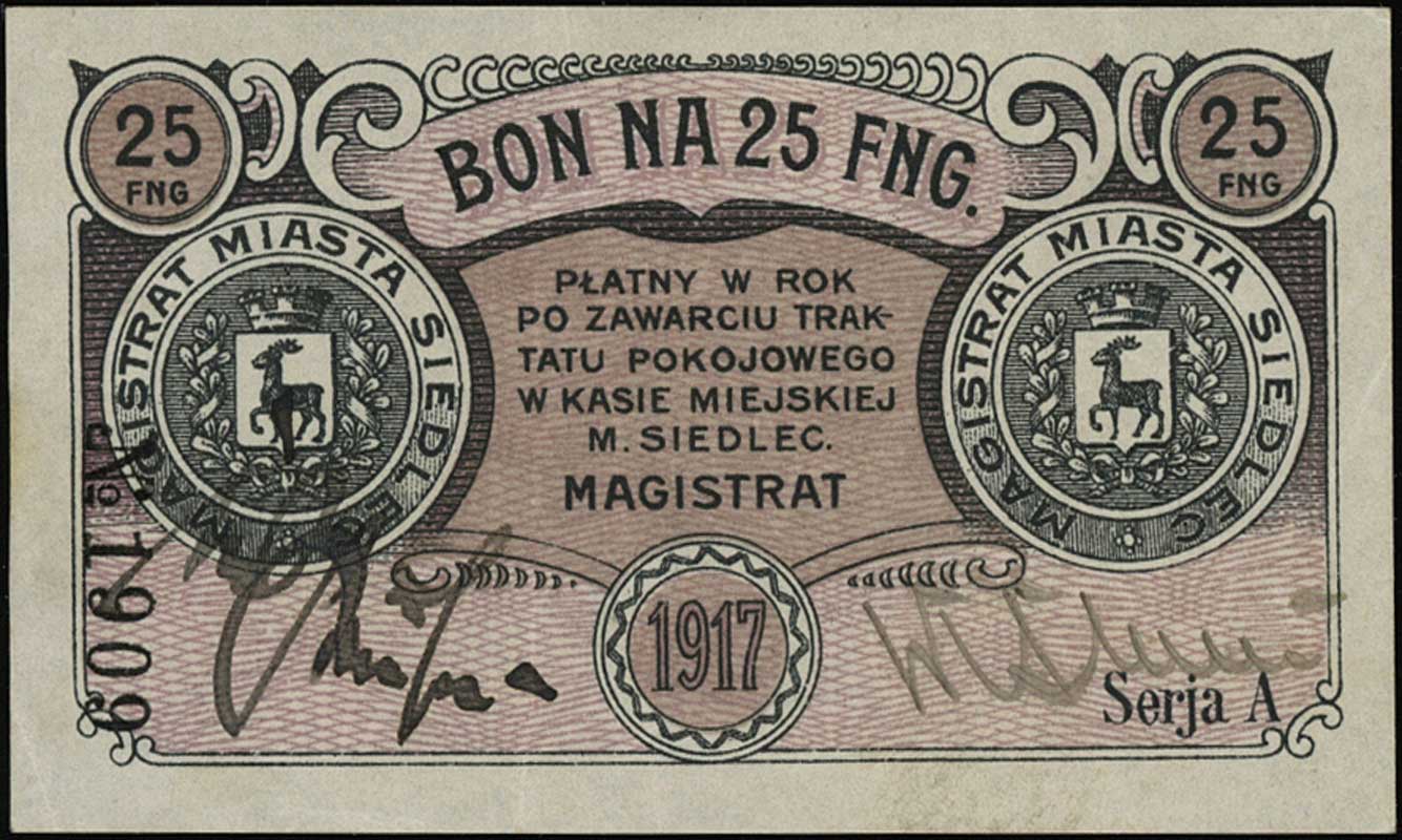 Siedlce, bony na 25 i 50 fenigów i 1 markę 1917, Podczaski R-372.1.a, 2.a, 3, Jabł. 1574, 1575 i 1576, razem 3 sztuki, rzadkie