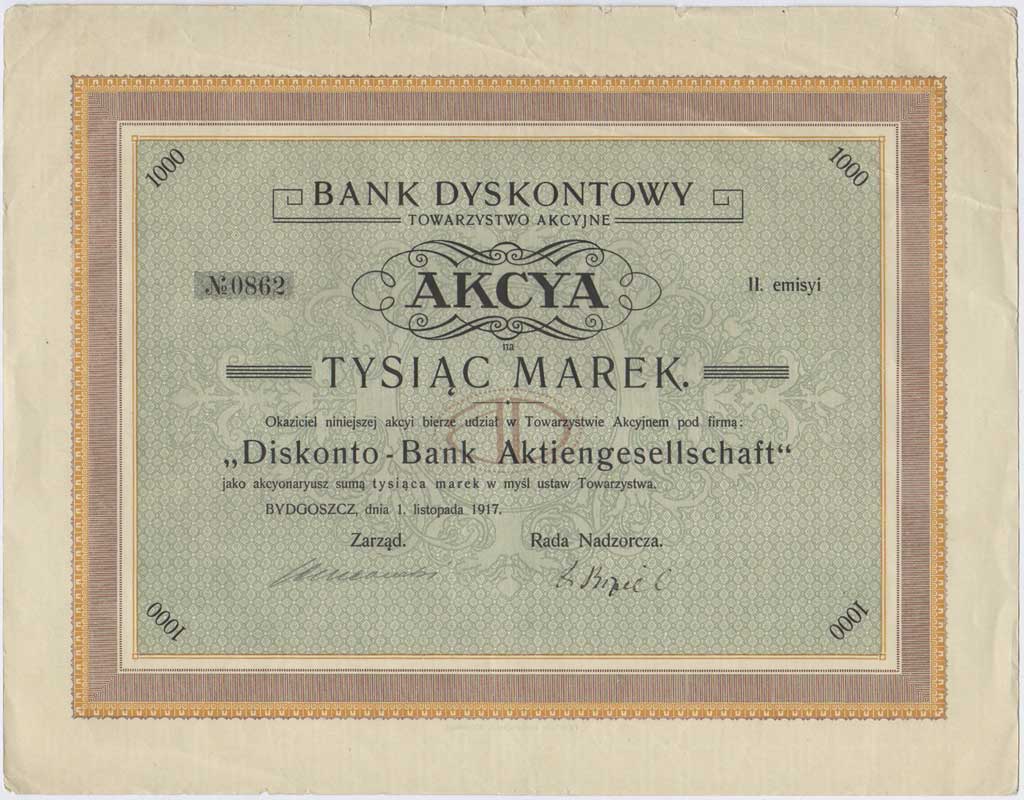Bank Dyskontowy Towarzystwo Akcyjne (Diskonto-Bank Aktiengesellschaft), akcja na 1.000 marek, Bydgoszcz 1.11.1917, II emisja, bez talonu i kuponów, Niegrzyb. I-E-67