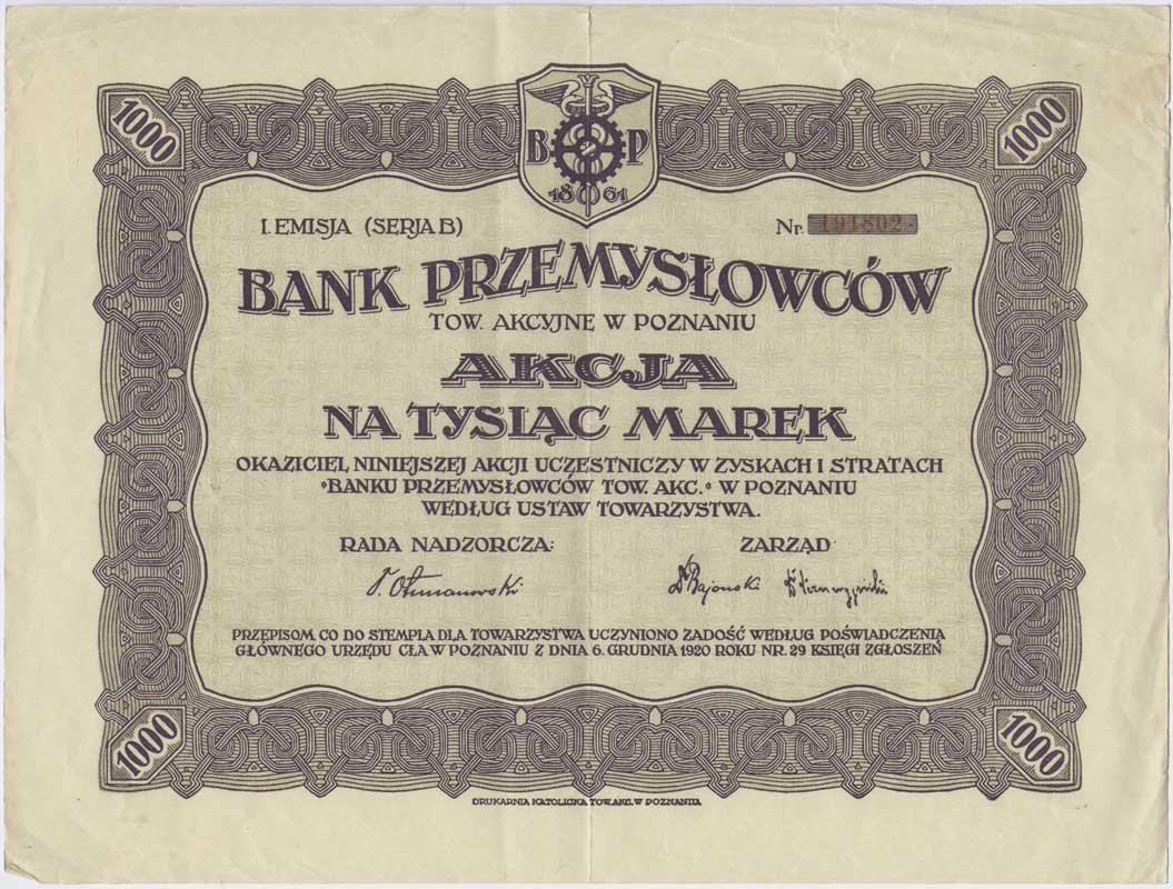 Bank Przemysłowców Towarzystwo Akcyjne w Poznaniu, akcja na 1.000 marek (1921-1922), I emisja, seria B, bez talonu i kuponów, Niegrzyb. I-E-49
