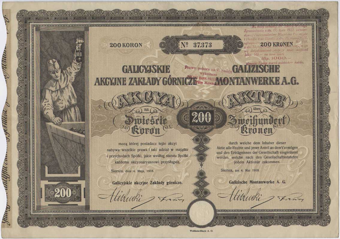Galicyjskie Akcyjne Zakłady Górnicze (Galizische Montanwerke A.G.), akcja na 200 koron, Siersza 4.05.1918, dołączony talon z 4 kuponami, Niegrzyb. IV-D-4