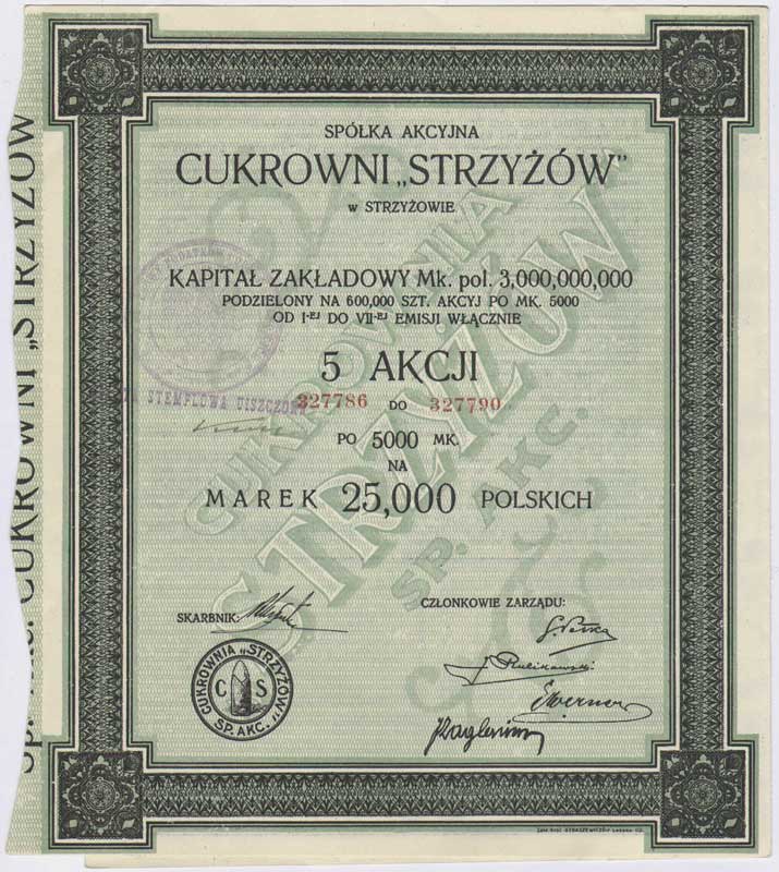 S.A. Cukrowni Strzyżów w Strzyżowie, 5 akcji po 5.000 marek polskich = 25.000 marek polskich, 1923, wraz z talonem i kompletem 10 kuponów, Niegrzyb. X-A-39, pięknie zachowane