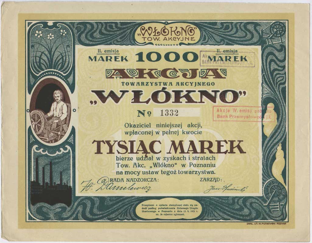 Towarzystwo Akcyjne Włókno w Poznaniu, akcja na 1.000 marek (1921), II emisja, dołączony talon z 6 kuponami, Niegrzyb. XIII-N-23