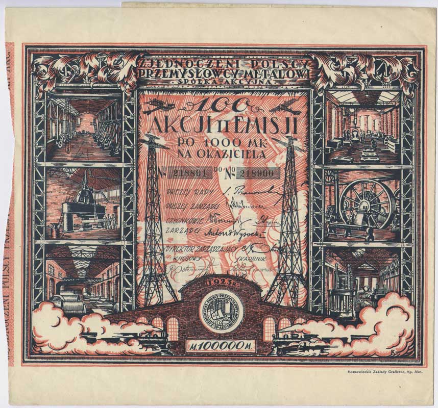 Zjednoczeni Polscy Przemysłowcy Metalowi S.A., 100 akcji po 1.000 marek = 100.000 marek, 1923, dołączony talon z 9 kuponami, Niegrzyb. VI-A-1