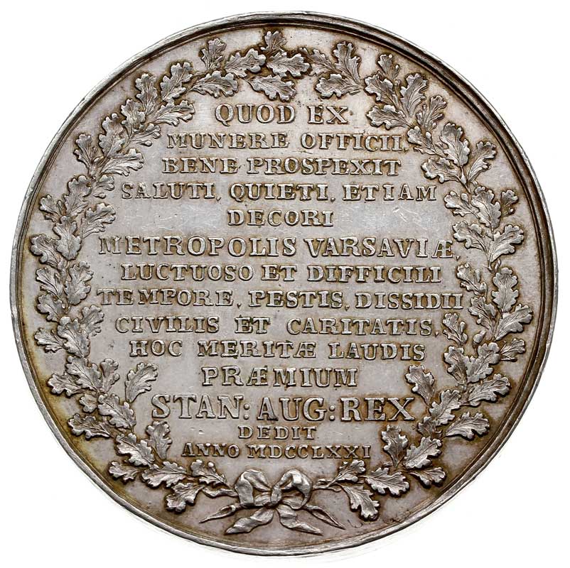 Stanisław Lubomirski - marszałek wielki koronny, medal autorstwa J. F. Holzhaeussera, około 1771 r, Aw: Półpostać z laską marszałkowską w lewo i napis w otoku STANIS. LUBOMIRSKI SUPR REG POL MARESCH S R I P, Rw: W wieńcu dębowym napis w czternastu wierszach i data MDCCLXXI, srebro 59 mm, 97.87 g, H-Cz. 3941 (R2), Racz. 555, Więcek 28, delikatna patyna