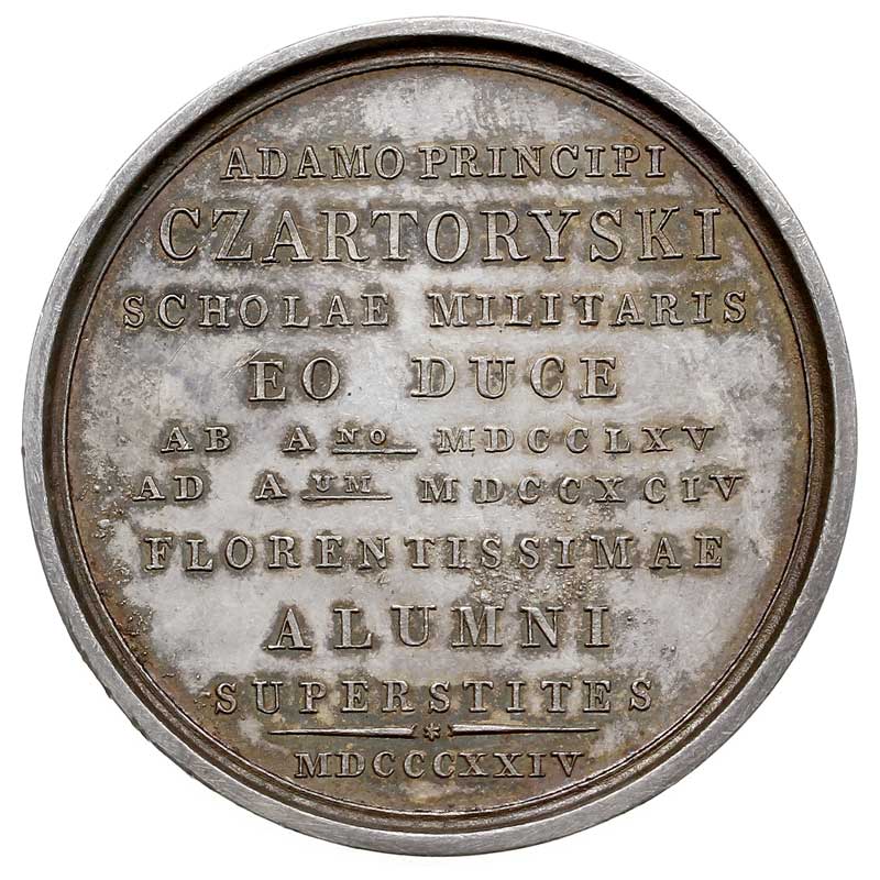 Adam Czartoryski, medal autorstwa C. Baerendta, 1824 r, Aw: Popiersie w lewo i sygnatura na ramieniu, Rw: Napisy w poziomie ADAMO PRINCIPI / CZARTORYSKI / SCHOLAE MILITARIS / EO DUCE ....., srebro 50 mm, 54.53 g, H-Cz. 3875 (R), ale w miedzi, medal poświęcony Adamowi Czartoryskiemu wydany nakładem wychowanków Szkoły Kadetów, bardzo rzadki, bardzo dobrze zachowany, patyna
