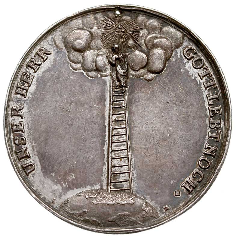 Norymberga - medal religijny sygnowany IK (J Kittel) 1 poł. XVII wieku, Aw: Św. Jakub wspinający się do nieba po drabinie i napis UNSER HERR - GOTT LEBT NOCH, Rw: Potrzaskana kula ziemska i napis MAGS DOCH SEIN, srebro 40.5 mm, 14.41 g, Appel 2406, maleńka dziurka przy krawędzi, patyna