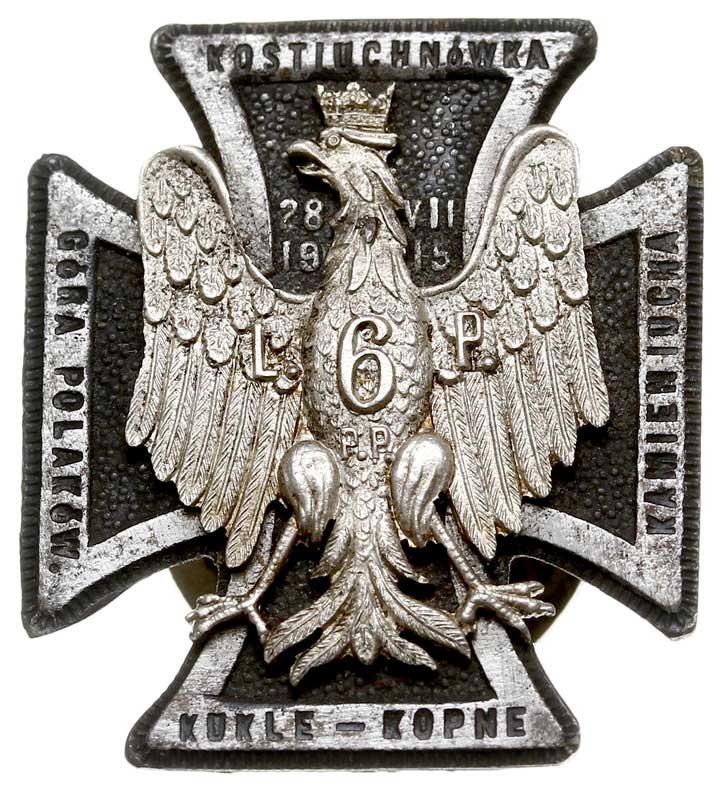 Legiony Polskie - miniatura Odznaki Pamiątkowej 6 Pułku Piechoty Legionów Polskich, żelazo srebrzone 29.4 x 26.2 mm, podkładka amarantowa, ładnie zachowana