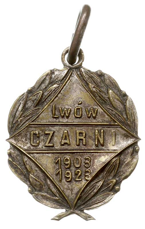 Odznaka Pamiątkowa na 20 -lecie Klubu Sportowego Czarni Lwów 1903-1923, mosiądz srebrzony, 25.5 x 20 mm