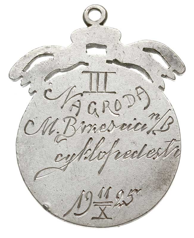 medal za III miejsce w wyścigu rowerowym i biegu na przełaj w Brześciu nad Bugiem 11.X.1925 rok, srebro 12.91 g, 35.6 x 28 mm