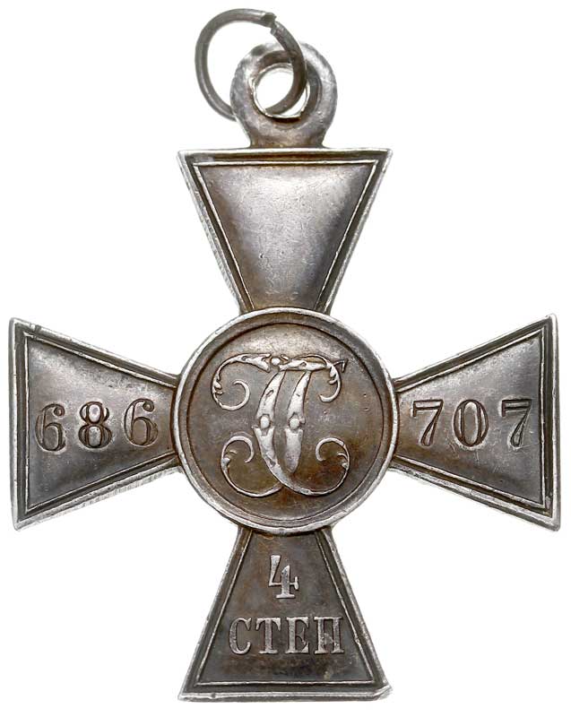 Krzyż św. Jerzego, 4. stopień, srebro 9.95 g, 34 x 34 mm, na stronie odwrotnej numer 686-707, Diakov 1132.4 egz. z aukcji Sincona 7/2048, wyśmienicie zachowany, patyna