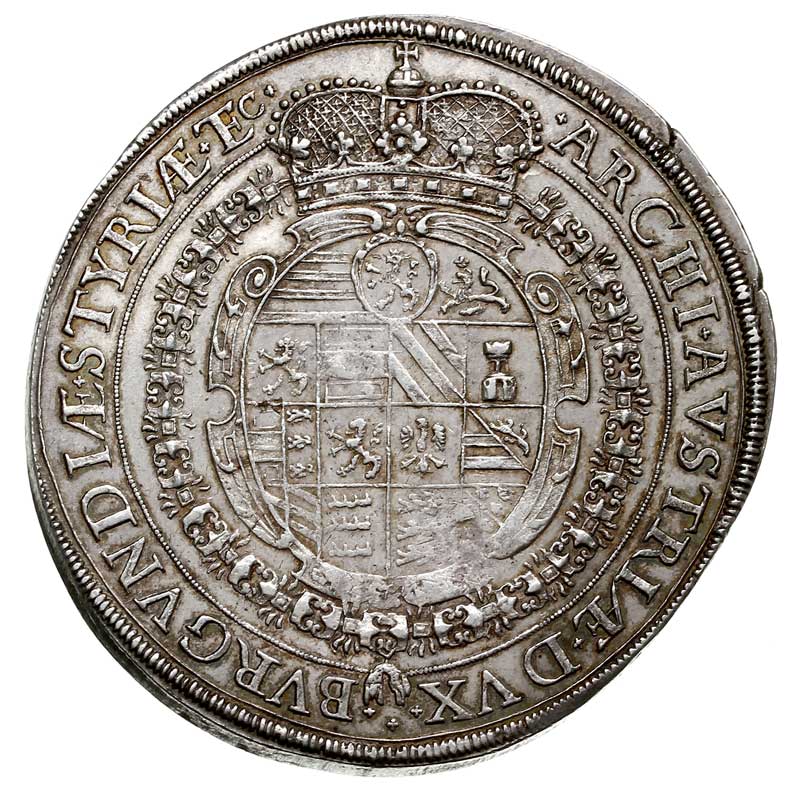 dwutalar 1641, Graz, dwie ostatnie cyfry daty przebite (prawdopodobnie z 1639 roku), srebro 57.94 g, Her. 341, Dav. 291, efektowny i bardzo ładnie zachowany