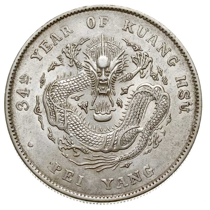 Pei Yang- prowincja, dolar 1908 (34 rok Kaung Hsu), srebro 26.84 g, Kann 208-210