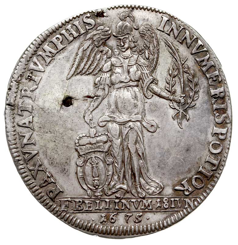 Fryderyk Wilhelm 1640-1688, talar pamiątkowy 1675, Berlin, wybite z okazji zwycięstwa nad wojskami szwedzkimi w bitwie pod Fehrbellin, srebro 28.55 g, Dav. 6201, v.Schr. 2193, rzadki, wada krążka na rewersie