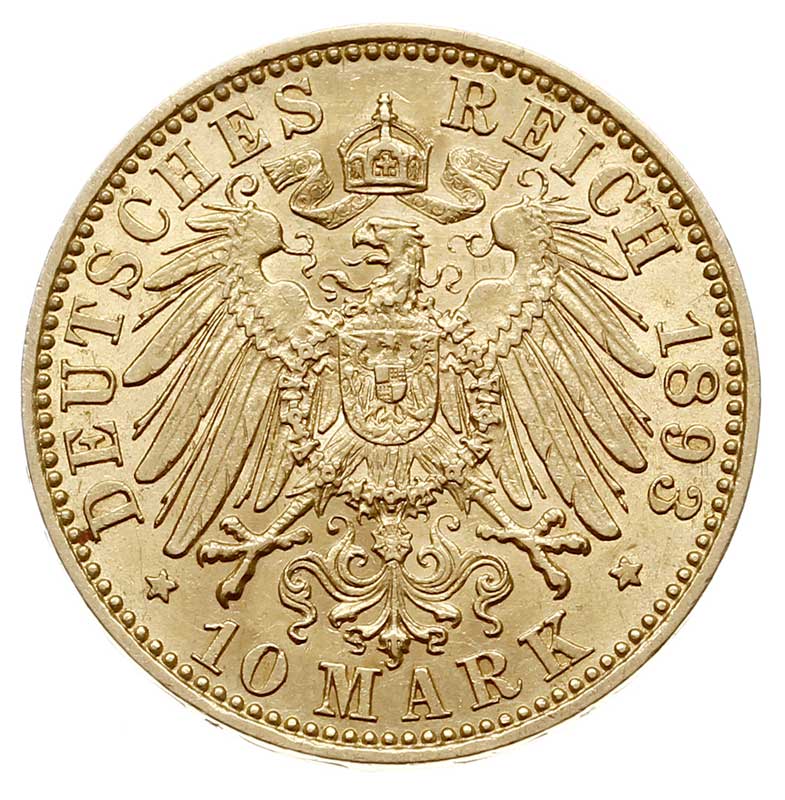 Ernest Ludwik 1892-1918, 10 marek 1893 A, Berlin, złoto 3.96 g, Jaeger 222, Fr. 3796, rzadkie