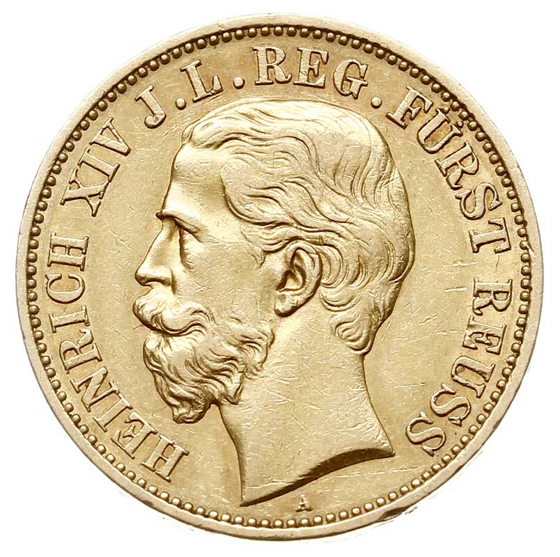 Henryk XIV 1867-1913, 20 marek 1881 A, Berlin, złoto 7.93 g, J. 256, Fr. 3737, minimalne uderzenie na obrzeżu, rzadkie