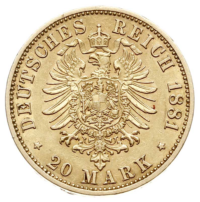 Henryk XIV 1867-1913, 20 marek 1881 A, Berlin, złoto 7.93 g, J. 256, Fr. 3737, minimalne uderzenie na obrzeżu, rzadkie