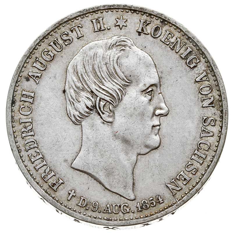 Fryderyk August II 1838-1854, talar 1854, Drezno, Thun 330, AKS 118, Jaeger 95, Dav. 882, minimalny ślad czyszczenia, rzadki