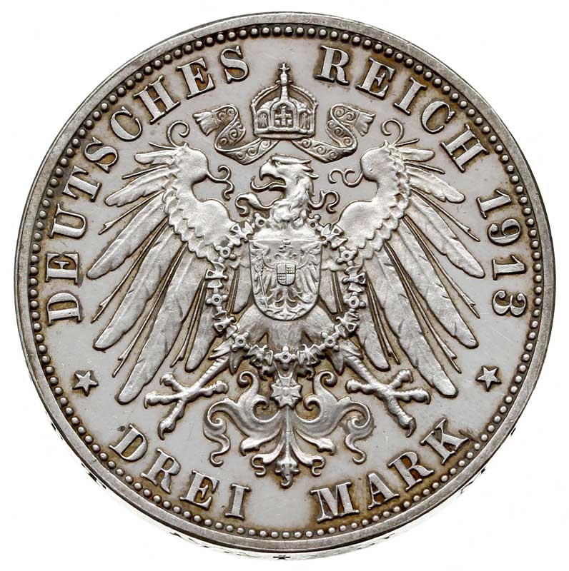 Fryderyk August III 1904-1918, 3 marki 1913 E, Muldenhütten, wybite z okazji 100. rocznicy zwycięstwa pod Lipskiem, Jaeger 170, stempel lustrzany, nakład tylko 17.000 egzemplarzy, delikatnie wyczyszczone