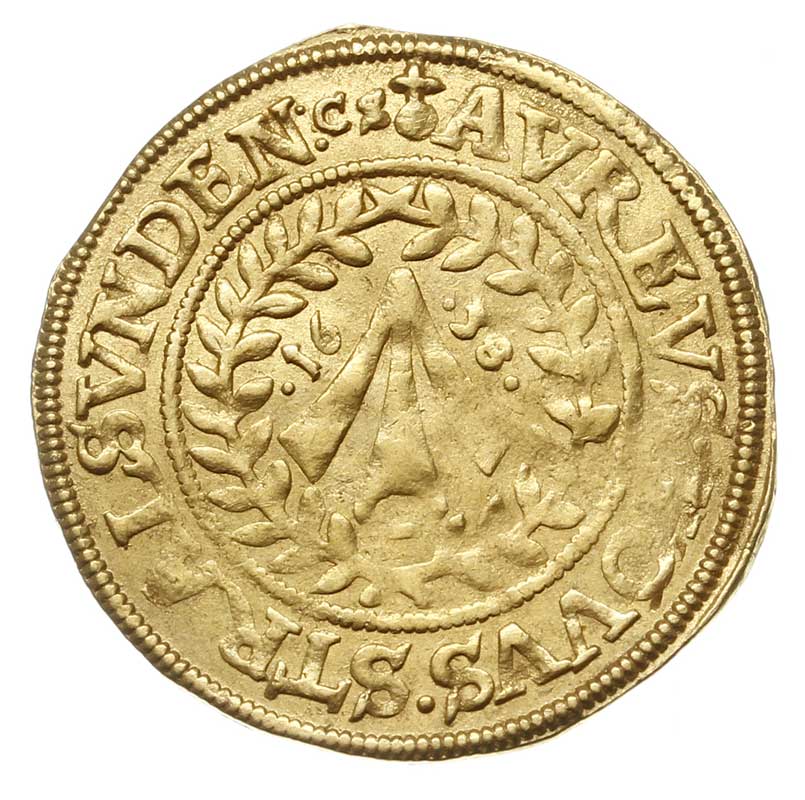 Okupacja szwedzka, Krystyna 1637-1654, dukat 1638 CS, z tytulaturą Ferdynanda III, złoto 3.42 g, AAJ 1, Bratring 71, Pogge 1478, Fr. 3368, rzadki, egzemplarz z aukcji F.R.Künker 116/4643