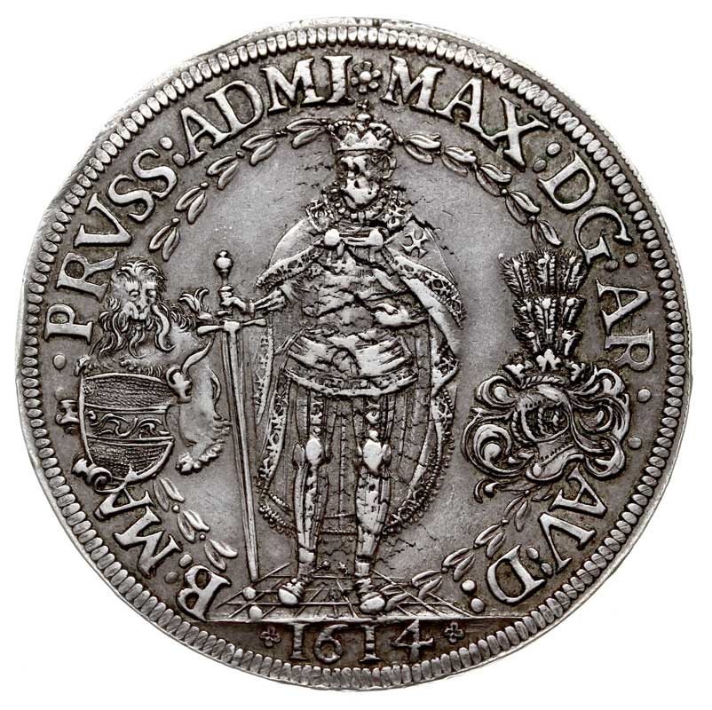 Arcyksiążę Maksymilian III 1590-1618, dwutalar 1614, Hall, srebro 57.07 g, Dav. 5854, M-T 412, Neumann 107, patyna, typowa dla tych monet niewielka wada krążka
