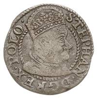 grosz 1579, Olkusz, Aw: Duża głowa króla przerywająca napis na awersie STEPHAN D G REX POLO, Rw: O..