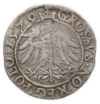 grosz 1579, Olkusz, Aw: Duża głowa króla przerywająca napis na awersie STEPHAN D G REX POLO, Rw: O..