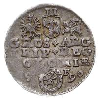 trojak 1590, Olkusz, odmiana z herbem Lewart podskarbiego Jana Firleja w ozdobnej tarczy, Iger O.9..
