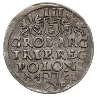trojak 1591, Poznań, na awersie wydłużona twarz króla, Iger P.91.1.b, patyna