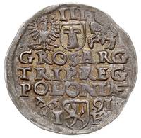 trojak 1591, Poznań, na awersie szeroka twarz króla, Iger P.91.3.a, patyna