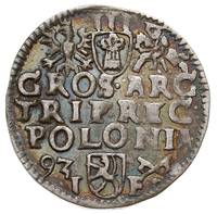 trojak 1593, Poznań, na awersie wydłużona twarz króla, Iger P.93.2.a, patyna