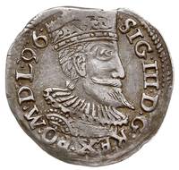 trojak 1596, Wschowa, data obok głowy króla, Iger W.96.1.b, moneta wybita z krawędzi blachy, patyna
