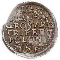 trojak 1596, Wschowa, data obok głowy króla, Iger W.96.1.b, moneta wybita z krawędzi blachy, patyna