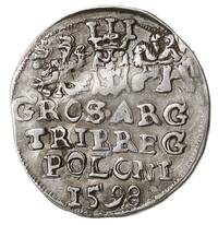 trojak 1598, Lublin, Iger L.98.4.a (R), na awersie ślad dwukrotnego uderzenia stemplem, lekko gięt..