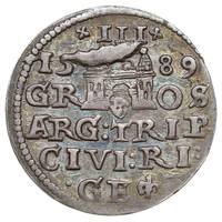 trojak 1589, Ryga, Iger R.89.3.a (R), Gerbaszewski 42, moneta wybita uszkodzonym stemplem, patyna